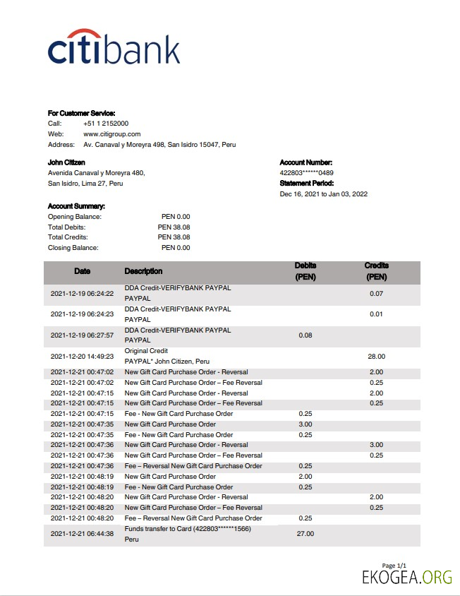 Relevé bancaire de la Citibank du Pérou